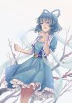  1girl blue_dress blue_eyes blue_hair chaoyu_(scrjx) cherry_blossom_print dress drill_hair flower frilled_skirt frilled_sleeves frills hair_ornament hair_rings hair_stick hand_up highres kaku_seiga orb pink_flower puffy_short_sleeves puffy_sleeves short_hair short_sleeves skirt smile touhou tree veil vest white_background white_vest 