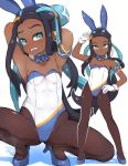  1girl animal_ears arm_up arms_behind_head arms_up black_hair blue_eyes blue_footwear blue_hair blue_neckwear blush bow bowtie breasts brown_legwear bunny_girl bunnysuit collar colored_shadow commentary_request dark_skin detached_collar forehead garoudo_(kadouhan&#039;i) gloves hand_on_hip high_heels leotard long_hair multicolored_hair multiple_views pantyhose parted_lips pokemon pokemon_(game) pokemon_swsh rabbit_ears rurina_(pokemon) shadow shoes small_breasts spread_legs squatting standing strapless strapless_leotard two-tone_hair very_long_hair white_background white_collar white_gloves white_leotard wing_collar 