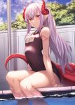  1girl ahoge arm_support bangs bare_arms bare_legs bare_shoulders blue_sky breasts clouds commentary_request covered_navel day dragon_horns dragon_tail eyebrows_visible_through_hair facial_mark feet_out_of_frame hair_between_eyes horns ibuki_notsu lavender_hair long_hair looking_at_viewer melusine_(ibuki_notsu) name_tag one-piece_swimsuit original outdoors pointy_ears purple_swimsuit red_eyes school_swimsuit sidelocks sitting sky small_breasts smile soaking_feet solo swimsuit tail thighs translation_request water 