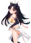  1girl absurdres ass bangs bare_shoulders black_hair blush breasts commentary_request crown earrings eyebrows_visible_through_hair fate/grand_order fate_(series) hair_ribbon highres hoop_earrings ishtar_(fate/grand_order) jewelry large_breasts long_hair looking_at_viewer parted_bangs red_eyes ribbon simple_background single_thighhigh smile solo thigh-highs tming two_side_up white_background 