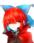  1girl absurdres black_shirt blue_bow blue_hair bow cape collar colored_inner_hair commentary eyebrows_visible_through_hair hair_bow high_collar highres looking_at_viewer multicolored_hair portrait red_cape red_eyes redhead safutsuguon sekibanki shirt short_hair simple_background solo touhou two-tone_hair white_background 