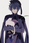  1boy animal animal_on_head black_hair blue_eyes byleth_(fire_emblem) byleth_eisner_(male) cat cat_on_head cat_teaser dagger fire_emblem fire_emblem:_three_houses holding holding_animal holding_cat jacket_on_shoulders on_head one_eye_closed smile weapon 