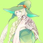  1boy abby_(troser) animal animal_on_shoulder bird bird_on_shoulder blonde_hair blue_eyes braid green_background green_headwear hat hat_feather long_hair looking_at_viewer magi_the_labyrinth_of_magic male_focus owl parted_lips simple_background single_braid solo upper_body yunan 