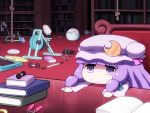  1girl bangs blue_ribbon blunt_bangs book book_stack bookshelf chair chibi commentary_request crescent crescent_hair_ornament dumbbell exercise_bike hair_ornament hair_ribbon hat hat_ribbon indoors long_hair long_sleeves mob_cap patchouli_knowledge pink_ribbon purple_hair purple_headwear ribbon rope shirosato solo touhou treadmill violet_eyes wide_sleeves 