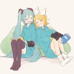  2girls ahoge aqua_hair aqua_nails bangs bean_bag_chair blonde_hair blue_hoodie book bow closed_eyes closed_mouth commentary facing_another full_body hair_bow hair_ornament hairclip happy hatsune_miku heart highres holding holding_book kagamine_rin light_blush long_hair m0ti multiple_girls nail_polish open_mouth short_hair side-by-side sitting smile socks swept_bangs thigh-highs twintails two-tone_shirt very_long_hair vocaloid white_bow 
