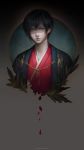  1boy artist_name black_background black_hair blood circle commission earrings fantasy felice haori highres japanese_clothes jewelry kimono looking_at_viewer male_focus original petals portrait realistic red_kimono short_hair solo violet_eyes 