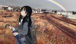  1girl absurdres black_hair brown_eyes from_side highres holding holding_umbrella huge_filesize instrument_case long_hair long_sleeves nail_polish original outdoors railroad_tracks rainbow ribbed_sweater scenery solo sweater trench_coat turtleneck turtleneck_sweater umbrella zinbei 