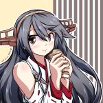  1girl 547th_sy absurdres artist_name black_hair commentary_request dated detached_sleeves eating food hairband haruna_(kantai_collection) headgear highres japanese_clothes kantai_collection long_hair ribbon-trimmed_sleeves ribbon_trim solo striped striped_background upper_body 
