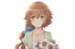  1girl aono_(aonocrotowa) bangs blue_bow bouquet bow brown_hair collarbone criss-cross_halter eiyuu_densetsu eyebrows_visible_through_hair floating_hair flower green_eyes grin hair_between_eyes hair_bow halterneck highres holding holding_bouquet long_hair looking_at_viewer purple_flower sen_no_kiseki shiny shiny_hair short_sleeves simple_background smile solo towa_herschel upper_body very_long_hair white_background white_flower 