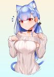  1girl absurdres animal_ear_fluff animal_ears bangs bell bell_choker black_choker blue_background blue_hair blush breasts brown_background cat_ears cat_girl cat_tail choker choumi_wuti_(xueye_fanmang_zhong) closed_mouth collarbone commentary_request cropped_torso eyebrows_visible_through_hair gradient gradient_background hair_ornament hairclip hands_up heart heart_hair_ornament highres jingle_bell long_hair long_sleeves looking_at_viewer medium_breasts plivyou red_eyes ribbed_sweater shikai_yue sleeves_past_wrists solo sweater tail twitter_username upper_body very_long_hair virtual_youtuber white_sweater 