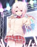  1girl commentary_request hair_ornament hairclip highres ksk_(semicha_keisuke) long_hair looking_at_viewer microphone nijisanji open_mouth pink_eyes pink_hair ponytail reaching_out red_ribbon ribbon school_uniform shiina_yuika solo stage stage_lights virtual_youtuber 