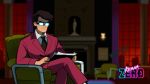  1boy angry black_hair black_neckwear chair copyright_name covered_eyes crossed_legs formal glasses glowing_glasses highres katana_zero necktie office official_art psychiatrist_(katana_zero) red_suit sitting suit trading_card whoisnassstya writing 