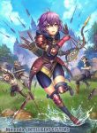 1girl 3boys armor arrow bernadetta_von_varley bike_shorts blue_sky bow_(weapon) castle clouds company_name copyright_name day fire_emblem fire_emblem:_three_houses fire_emblem_cipher fumi_(butakotai) gloves grass grey_eyes helmet holding holding_arrow holding_bow_(weapon) holding_sword holding_weapon multiple_boys official_art open_mouth outdoors purple_hair quiver rock short_hair sky solo_focus sword tearing_up tree water weapon 