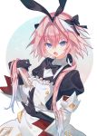  1boy astolfo_(saber)_(fate) bangs black_bow black_gloves black_ribbon blush bow bowtie bunny_hair_ornament commentary_request eyebrows_visible_through_hair fang fate/grand_order fate_(series) gloves hair_between_eyes hair_bow hair_intakes hair_ornament hair_ribbon highres long_hair long_sleeves looking_at_viewer multicolored_hair otoko_no_ko pink_hair puffy_sleeves ribbon skin_fang solo streaked_hair twintails violet_eyes white_hair yuno_tsuitta 