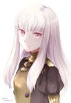  1girl closed_mouth epaulettes fire_emblem fire_emblem:_three_houses garreg_mach_monastery_uniform long_hair lysithea_von_ordelia pink_eyes shirokuroma_29 simple_background solo twitter_username uniform upper_body white_background white_hair 