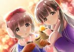  2girls :o akisaka_yamoka black_eyes black_hair bow brown_eyes brown_hair coat earmuffs eyebrows_visible_through_hair food fur-trimmed_coat fur_trim hair_bow hair_ribbon holding holding_food idolmaster idolmaster_cinderella_girls kobayakawa_sae long_hair looking_at_viewer mittens multiple_girls plaid_mittens purple_coat ribbon smile sweet_potato upper_body yakiimo yorita_yoshino 