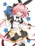  1boy astolfo_(fate) astolfo_(saber)_(fate) bangs black_bow black_gloves black_legwear black_ribbon blush bow bowtie bunny_hair_ornament commentary_request dress eyebrows_visible_through_hair fate/grand_order fate_(series) frills gloves hair_bow hair_intakes hair_ornament hair_ribbon highres long_hair long_sleeves looking_at_viewer multicolored_hair one_eye_closed otoko_no_ko pink_hair ribbon smile solo streaked_hair thigh-highs twintails user_tjsm5374 violet_eyes white_hair 