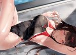  1girl bangs blush breasts brown_hair competition_swimsuit dsr-50_(girls_frontline) girls_frontline large_breasts long_hair looking_at_viewer lying on_back one-piece_swimsuit open_mouth red_eyes shirosaba smile solo swimsuit wet 