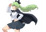  1girl anchovy anzio_school_uniform aono3 bangs belt black_belt black_cape black_neckwear black_ribbon black_skirt cape closed_mouth commentary cowboy_shot dress_shirt drill_hair emblem eyebrows_visible_through_hair foot_up frown girls_und_panzer green_hair hair_ribbon hand_on_hip long_hair long_sleeves looking_to_the_side miniskirt necktie no_legwear pleated_skirt red_eyes ribbon school_uniform shading_eyes shirt simple_background skirt solo standing twin_drills twintails white_background white_shirt wind 