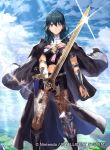  1girl black_cape black_shorts blue_eyes blue_hair blue_sky byleth_(fire_emblem) byleth_eisner_(female) cape closed_mouth clouds company_name copyright_name dagger day fire_emblem fire_emblem:_three_houses fire_emblem_cipher holding holding_sword holding_weapon mayo_(becky2006) medium_hair official_art outdoors pantyhose sheath sheathed short_shorts shorts sky solo sword weapon 