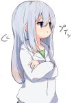  1girl :t bangs blue_eyes blush closed_mouth commentary_request crossed_arms eyebrows_visible_through_hair gochuumon_wa_usagi_desu_ka? green_shirt grey_hair hair_between_eyes highres hood hood_down hooded_jacket houjichaoic jacket kafuu_chino long_hair long_sleeves looking_away pout shirt simple_background solo upper_body white_background white_jacket 
