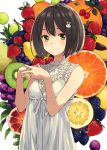  1girl brown_hair bunny_hair_ornament cherry commentary_request dress food fruit grapes hair_ornament hands_clasped highres imigimuru kiwifruit lemon looking_at_viewer orange original own_hands_together short_hair sleeveless sleeveless_dress solo strawberry upper_body white_dress yellow_eyes 