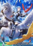  1girl bird blue_hair blue_sky braid breastplate brown_eyes brown_gloves clouds company_name copyright_name crown_braid day dress feathers fire_emblem fire_emblem:_three_houses fire_emblem_cipher gloves holding looking_to_the_side marianne_von_edmund official_art outdoors parted_lips pegasus pegasus_knight polearm riding sky solo uroko_(mnr) weapon 