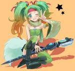  1girl armlet armpits bare_shoulders belt_pouch blush breasts collarbone commentary_request detached_sleeves duel_monster full_body fur gradient_hair green_eyes green_hair green_legwear green_skirt grin hair_ribbon highres holding holding_staff hosimihohosi long_hair looking_at_viewer medallion midriff miniskirt multicolored_hair one_eye_closed orange_hair parted_hair pouch red_headwear reeze_whirlwind_of_gusto ribbon scarf shadow single_detached_sleeve skirt small_breasts smile solo staff star strapless thigh-highs tubetop twintails v wide_sleeves yuu-gi-ou zettai_ryouiki 