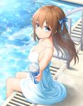  0v0_(l_seohui) 1girl absurdres blue_eyes blush breasts brown_hair dress grating hair_between_eyes hair_ribbon highres long_hair looking_at_viewer medium_breasts original pocari_sweat pool poolside reflection ribbon smile soaking_feet solo sundress water 