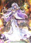  1girl circlet company_name copyright_name deirdre_(fire_emblem) dress fire_emblem fire_emblem:_genealogy_of_the_holy_war fire_emblem_cipher holding holding_staff long_hair long_sleeves official_art purple_hair solo staff violet_eyes wada_sachiko wide_sleeves 