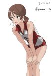  1girl bangs breath brown_eyes brown_hair commentary dated girls_und_panzer hair_tie hands_on_own_knees heavy_breathing kawanishi_shinobu leaning_forward looking_to_the_side red_shirt red_shorts shirt short_hair short_ponytail short_shorts shorts simple_background single_vertical_stripe sleeveless sleeveless_shirt solo sportswear standing sweat swept_bangs twitter_username volleyball_uniform white_background yamano_rita 