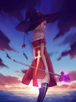  1girl absurdres artist_name bangs bare_arms bare_shoulders clouds commentary_request cross dated dress from_behind grey_hair hat highres holding holding_staff large_hat ocean original purple_headwear purple_legwear red_dress scenery short_hair short_sleeves staff sun sunset thigh-highs yansae81 