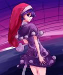  1girl absurdres bangs bright_pupils capelet cowboy_shot doremy_sweet dress hat highres legs_together nightcap nob1109 pom_pom_(clothes) purple_hair red_headwear short_hair sideways_mouth smile solo tail tapir_tail touhou violet_eyes white_pupils 