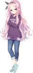  1girl absurdres artist_request bangs blue_eyes clothes_writing copyright_request crossed_arms denim expressionless full_body hairband highres hood hoodie jeans long_hair long_sleeves looking_at_viewer pants parted_bangs pink_hair shoes sneakers solo transparent_background 