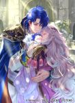  1girl 2boys baby blue_eyes blue_hair cape closed_eyes closed_mouth company_name copyright_name deirdre_(fire_emblem) dress father_and_son fire_emblem fire_emblem:_genealogy_of_the_holy_war fire_emblem_cipher holding horse husband_and_wife long_hair long_sleeves mother_and_son multiple_boys official_art purple_hair seliph_(fire_emblem) short_hair sigurd_(fire_emblem) smile suzuki_rika 