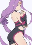  1girl ass back bangs bare_shoulders black_dress blush braid breasts detached_sleeves dress facial_mark fate/stay_night fate_(series) forehead forehead_mark hair_intakes hair_ribbon haoni highres index_finger_raised large_breasts long_hair looking_at_viewer parted_bangs parted_lips purple_hair purple_ribbon ribbon rider short_dress sidelocks simple_background single_braid solo very_long_hair violet_eyes white_background 