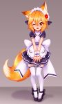  1girl 2wintails :3 absurdres animal_ears black_footwear black_ribbon blonde_hair blush brown_eyes eyebrows_visible_through_hair flower fox_ears fox_tail full_body hair_flower hair_ornament hair_ribbon high_heels highres looking_at_viewer maid maid_headdress one_eye_closed open_mouth ribbon senko_(sewayaki_kitsune_no_senko-san) sewayaki_kitsune_no_senko-san short_hair smile solo tail thigh-highs white_legwear 