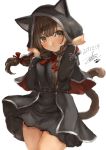  1girl animal_ears belt black_capelet black_dress blush braid brown_belt brown_eyes brown_hair capelet cat_ears cat_tail dated dress hair_ribbon hood hooded_capelet kantai_collection long_hair long_sleeves paw_print pleated_dress red_ribbon ribbon shinshuu_maru_(kantai_collection) signature simple_background solo tail toka_(marchlizard) twin_braids white_background 