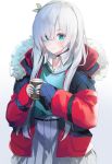  anastasia_(fate/grand_order) aqua_eyes aqua_nails aqua_sweater blush closed_mouth coat commentary_request cup disposable_cup fate/grand_order fate_(series) fur-trimmed_coat fur_trim gradient gradient_background green_hairband grey_skirt hair_over_one_eye hairband highres holding holding_cup long_hair long_sleeves looking_at_viewer nail_polish open_clothes open_coat pleated_skirt red_coat silver_hair simple_background skirt sleeves_past_wrists smile tukise_33 white_background wing_collar 