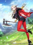  1girl axe blonde_hair blue_sky cape closed_mouth clouds company_name copyright_name day edelgard_von_hresvelg fire_emblem fire_emblem:_three_houses fire_emblem_cipher flower garreg_mach_monastery_uniform gloves hair_ribbon high_heels holding holding_axe long_hair long_sleeves mountain official_art outdoors petals red_cape red_legwear ribbon sky solo tree uniform violet_eyes wada_sachiko white_gloves 