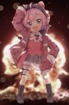  1girl ahoge arm_up blurry blurry_background boots explosion fingerless_gloves full_body gloves hat highres jacket ksk_(semicha_keisuke) mushroom_cloud necktie nijisanji open_mouth over_shoulder pink_eyes pink_hair short_hair shorts solo standing ushimi_ichigo virtual_youtuber weapon weapon_over_shoulder 