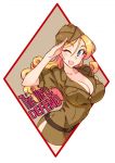  1girl blonde_hair blue_eyes breasts collarbone curly_hair hat kusanagi_tonbo long_hair military military_hat military_uniform one_eye_closed original salute solo uniform 