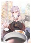  1girl absurdres bare_shoulders black_shirt brown_jacket coffee coffee_mug commentary_request cup drinking eyebrows_visible_through_hair fate/grand_order fate_(series) food fur-trimmed_jacket fur_trim hair_between_eyes highres holding holding_cup huge_filesize jacket jewelry long_hair looking_at_viewer mug necklace open_clothes ponytail red_eyes shirt smile solo table toast tomoe_(symbol) tomoe_gozen_(fate/grand_order) vegetablenabe white_hair 