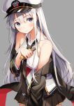  1girl armpit_crease azur_lane bare_shoulders black_coat black_neckwear black_skirt breasts coat collarbone collared_shirt cowboy_shot enterprise_(azur_lane) eyebrows_visible_through_hair food gold_trim grey_background hat highres holding holding_food long_hair long_sleeves looking_at_viewer medium_breasts military_hat miniskirt necktie off_shoulder open_clothes open_coat peaked_cap pleated_skirt ran9u shirt sidelocks skirt sleeveless sleeveless_shirt solo very_long_hair violet_eyes white_hair white_headwear white_shirt 