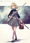  1girl bag belt black_footwear blonde_hair blue_belt blush buttons closed_mouth dress grey_dress highres holding holding_bag holding_sword holding_weapon kusano_shinta medium_hair orange_eyes original scabbard sheath standing sword weapon 