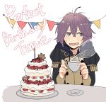  1girl absurdres bernadetta_von_varley cake candle cup english_text fire_emblem fire_emblem:_three_houses food fruit garreg_mach_monastery_uniform grey_eyes highres hirunesukix holding holding_cup hood hood_down long_sleeves open_mouth plate purple_hair short_hair simple_background solo strawberry table teacup uniform upper_body white_background 