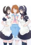  3girls alternate_costume apron bana_(stand_flower) black_hair black_legwear brown_hair choker enmaided frilled_apron frilled_choker frills hibike!_euphonium highres hisaishi_kanade kitauji_high_school_uniform kousaka_reina long_hair maid maid_apron maid_headdress multiple_girls neckerchief open_mouth oumae_kumiko over-kneehighs puffy_short_sleeves puffy_sleeves red_neckwear red_ribbon ribbon school_uniform serafuku short_hair short_sleeves skirt smile thigh-highs violet_eyes white_apron white_background 