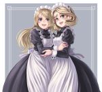  2girls apron black_bow blonde_hair blue_eyes blush bow curly_hair eyebrows_visible_through_hair kosai_takayuki long_hair looking_at_viewer maid maid_apron maid_headdress multiple_girls open_mouth original short_hair smile upper_teeth 