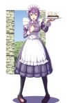  1girl absurdres bernadetta_von_varley black_legwear cake candle earrings fire_emblem fire_emblem:_three_houses food full_body grey_eyes gzo1206 hair_ornament highres holding holding_plate jewelry long_sleeves maid maid_headdress open_mouth plate purple_hair solo 