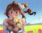  1girl ahoge alternate_costume blush bouquet bow brown_hair day dress drill_hair eyebrows_visible_through_hair flower full-face_blush hair_bow holding holding_bouquet idolmaster idolmaster_million_live! idolmaster_million_live!_theater_days kamille_(vcx68) looking_at_viewer outdoors short_hair side_drill solo upper_body violet_eyes white_bow white_dress yokoyama_nao 